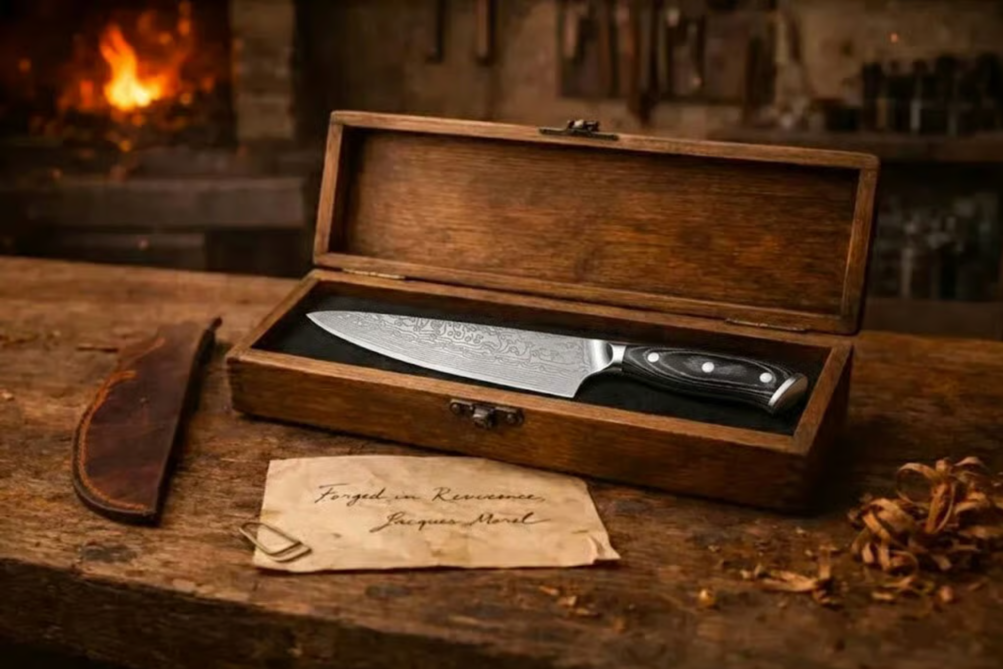 Coffret en bois contenant un couteau damas devant une forge