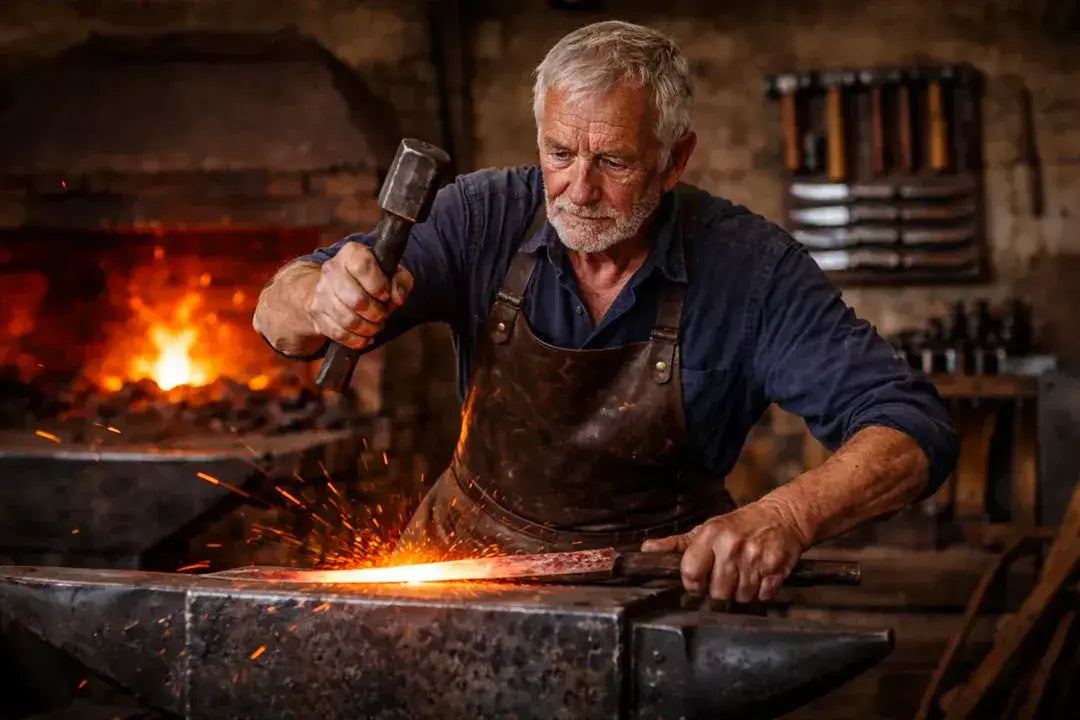 Forgeron frappant l'acier avec des étincelles qui jaillissent